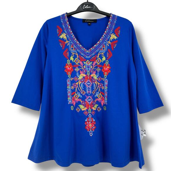 New Calessa Boho Southwestern Embroidered A-Line Tunic Top Shirt Size Small - Picture 2 of 7